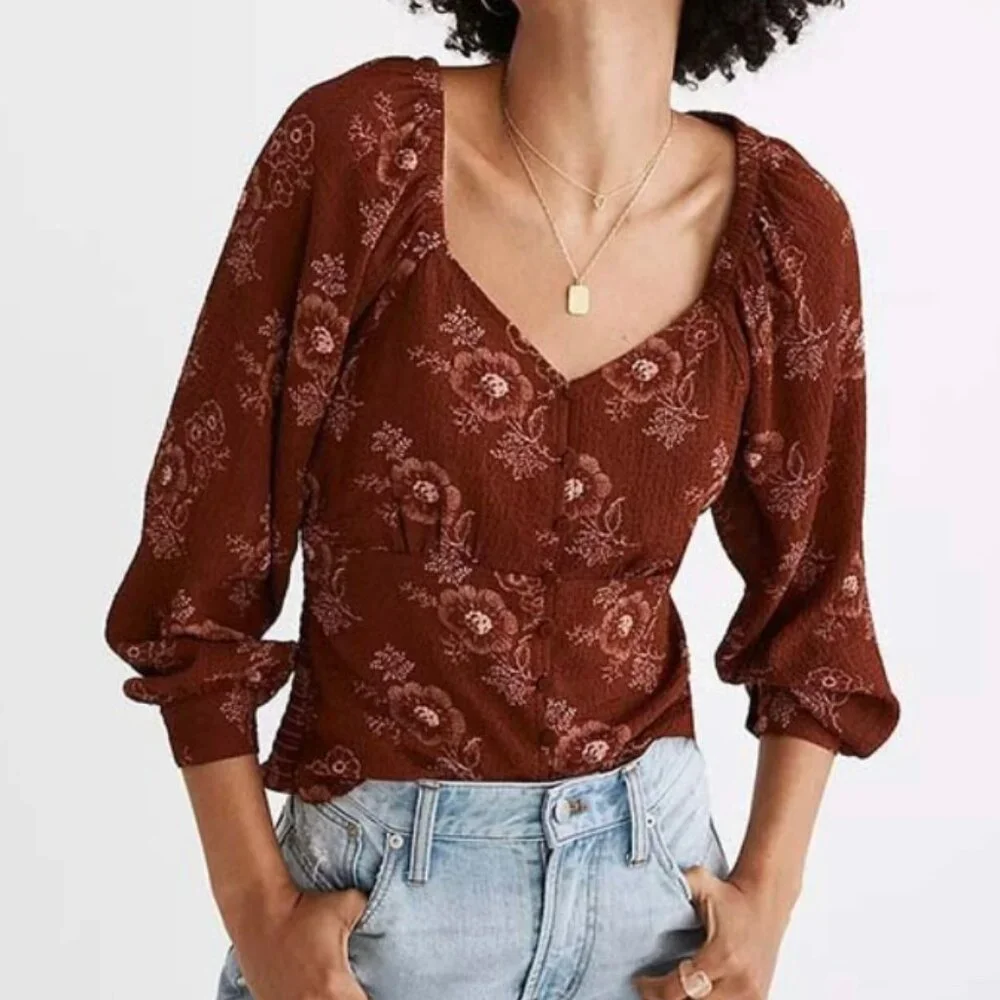 Madewell Preston Puff Sleeve Bouse in Letterpress Floral, S